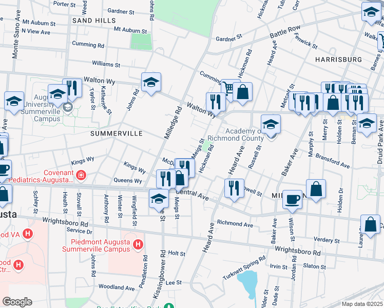 map of restaurants, bars, coffee shops, grocery stores, and more near 2124 Ansley Place West in Augusta