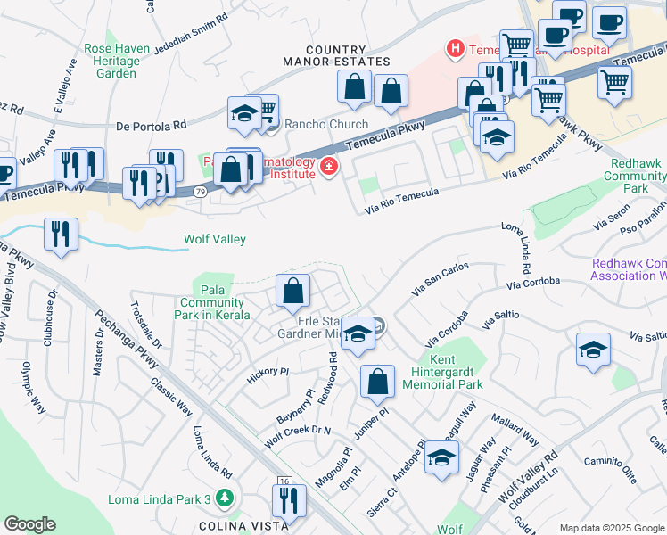 map of restaurants, bars, coffee shops, grocery stores, and more near 44842 Checkerbloom Drive in Temecula
