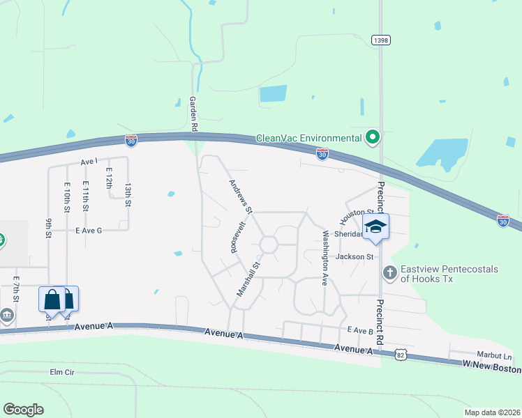 map of restaurants, bars, coffee shops, grocery stores, and more near 204 Roosevelt in Hooks