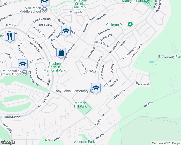 map of restaurants, bars, coffee shops, grocery stores, and more near 33851 Star Hill Street in Temecula