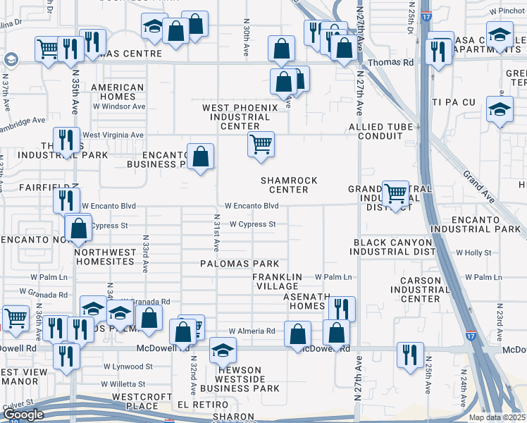 map of restaurants, bars, coffee shops, grocery stores, and more near 2935 West Encanto Boulevard in Phoenix