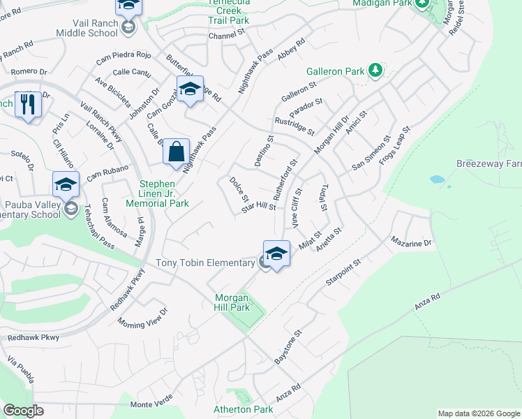 map of restaurants, bars, coffee shops, grocery stores, and more near 33851 Star Hill Street in Temecula