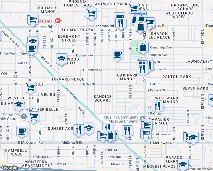 map of restaurants, bars, coffee shops, grocery stores, and more near 2232 North 29th Place in Phoenix
