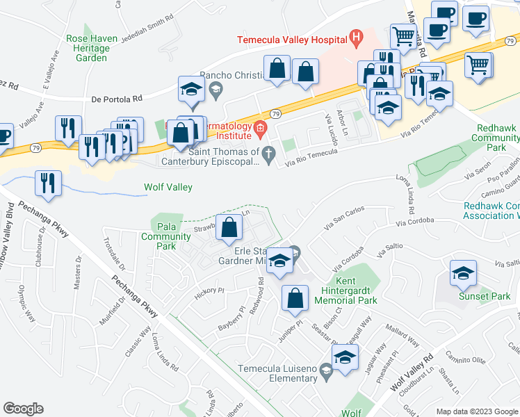 map of restaurants, bars, coffee shops, grocery stores, and more near 31316 Strawberry Tree Lane in Temecula