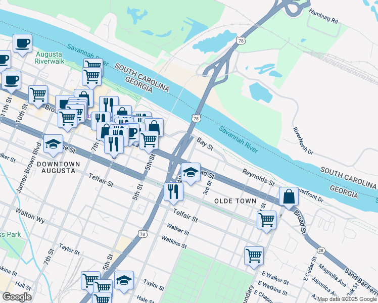 map of restaurants, bars, coffee shops, grocery stores, and more near 105 4th Street in Augusta