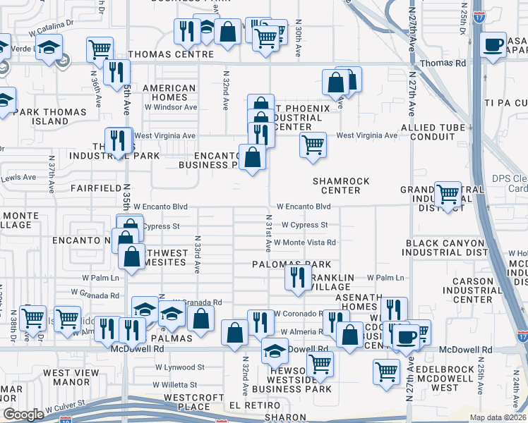 map of restaurants, bars, coffee shops, grocery stores, and more near 3116 West Cypress Street in Phoenix