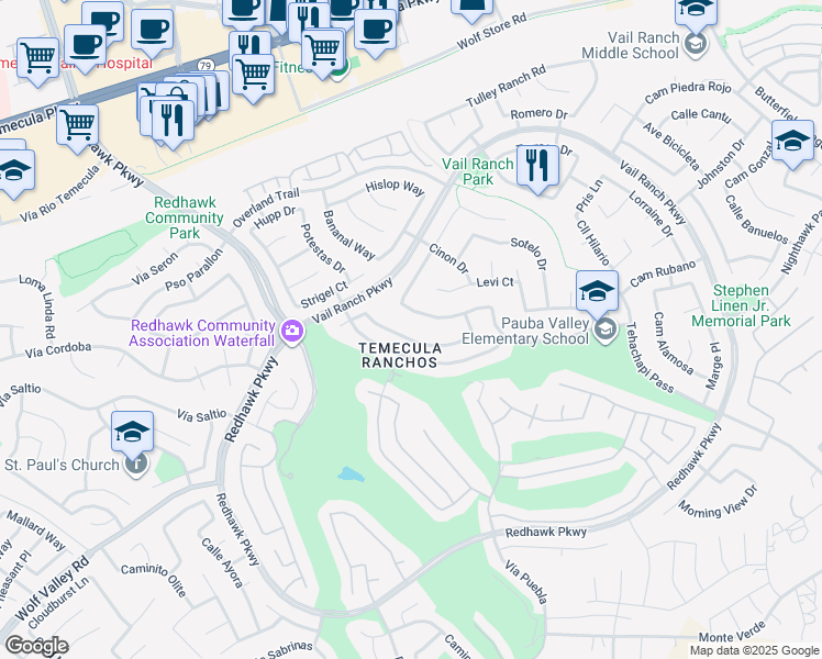 map of restaurants, bars, coffee shops, grocery stores, and more near 32716 Hupa Drive in Temecula