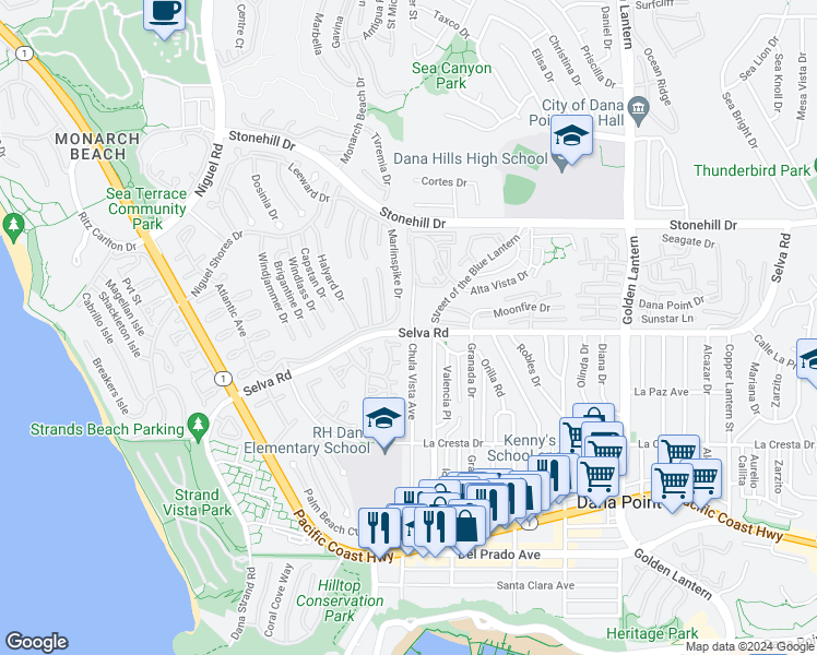 map of restaurants, bars, coffee shops, grocery stores, and more near 33737 Chula Vista Avenue in Dana Point