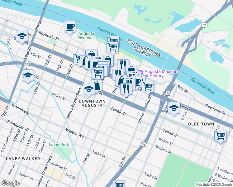 map of restaurants, bars, coffee shops, grocery stores, and more near 708 Greene St in Augusta