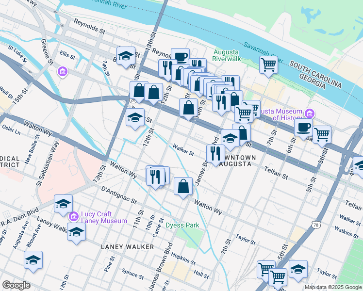 map of restaurants, bars, coffee shops, grocery stores, and more near 518 10th Street in Augusta
