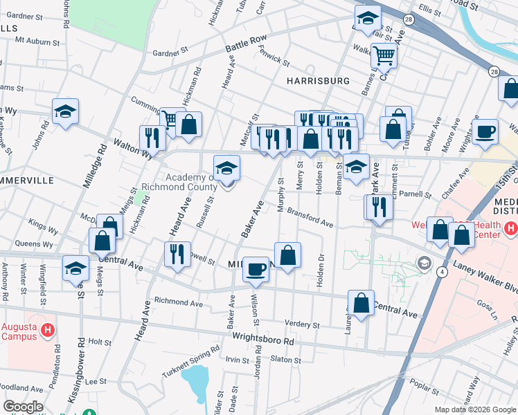 map of restaurants, bars, coffee shops, grocery stores, and more near 970 Baker Avenue in Augusta