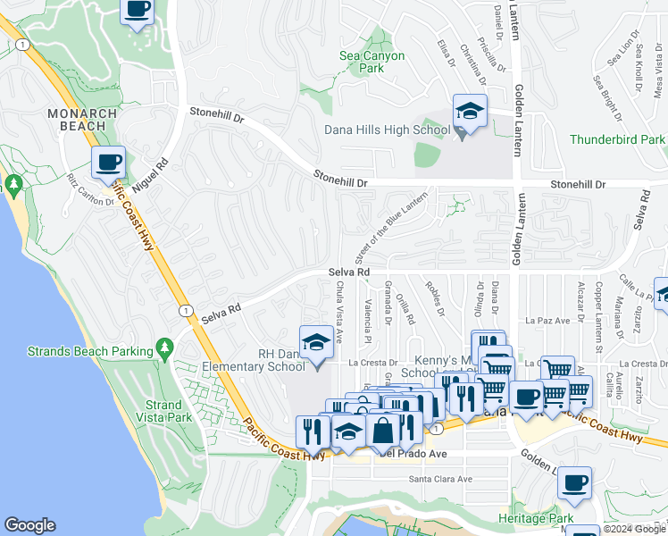 map of restaurants, bars, coffee shops, grocery stores, and more near 33737 Chula Vista Avenue in Dana Point