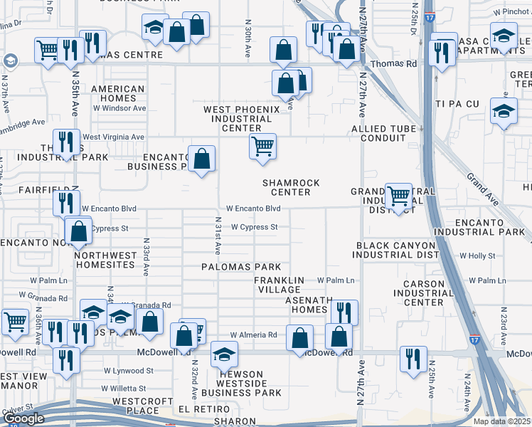 map of restaurants, bars, coffee shops, grocery stores, and more near 2935 West Encanto Boulevard in Phoenix