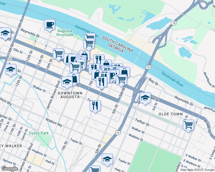 map of restaurants, bars, coffee shops, grocery stores, and more near 542 1/2 Ellis Street in Augusta