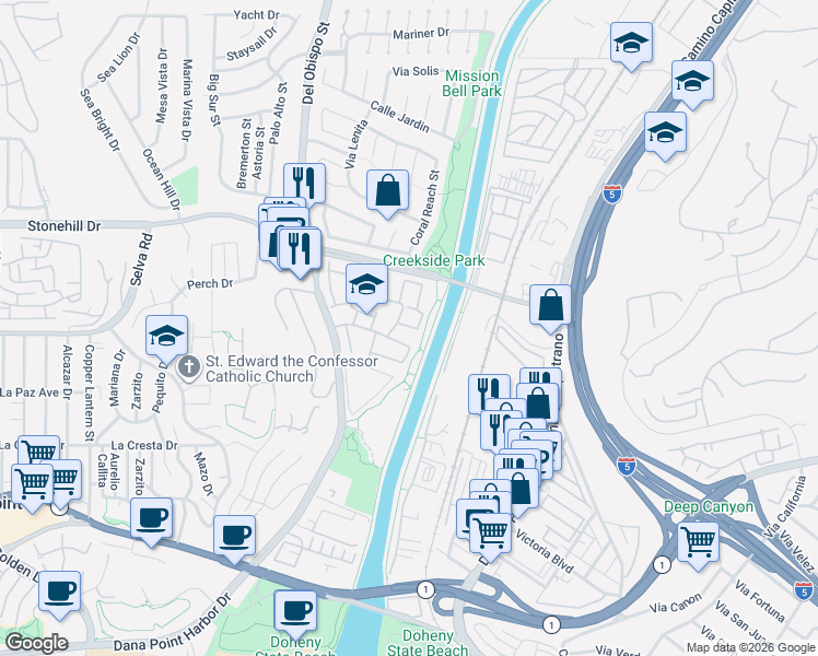 map of restaurants, bars, coffee shops, grocery stores, and more near 25716 Harbor Point Drive in Dana Point