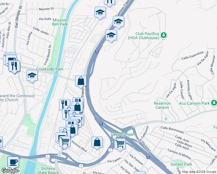 map of restaurants, bars, coffee shops, grocery stores, and more near 33751 Paseo Baja in San Juan Capistrano