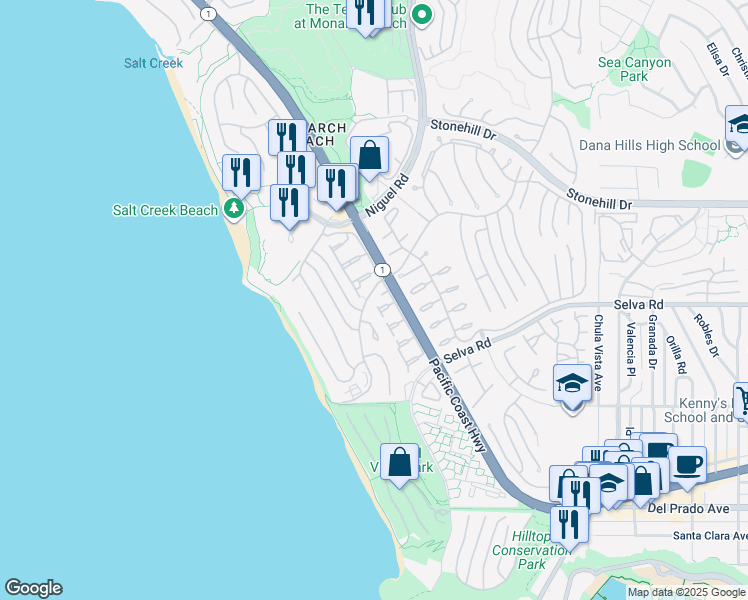 map of restaurants, bars, coffee shops, grocery stores, and more near 23731 Montego Bay in Dana Point