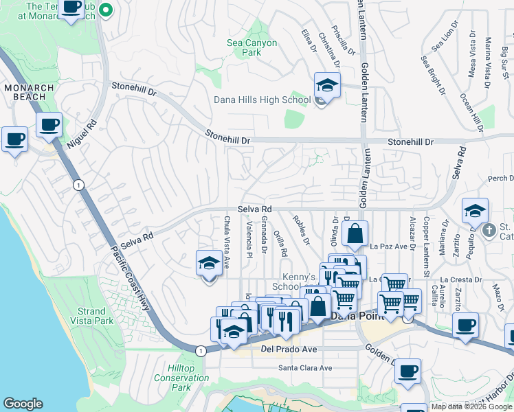 map of restaurants, bars, coffee shops, grocery stores, and more near 24382 Vista Point Lane in Dana Point