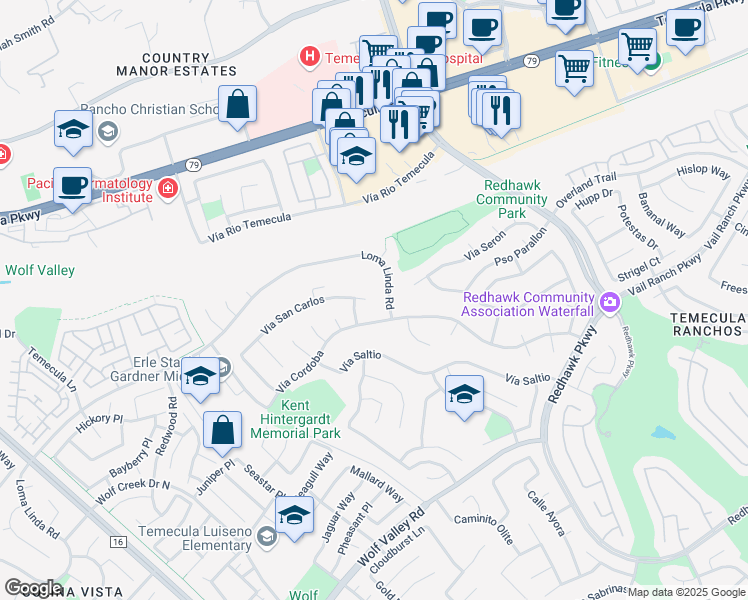 map of restaurants, bars, coffee shops, grocery stores, and more near 31782 Via San Carlos in Temecula
