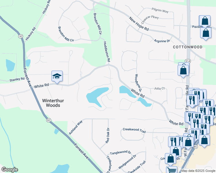 map of restaurants, bars, coffee shops, grocery stores, and more near 205 Heritage Lake Drive in Fayetteville