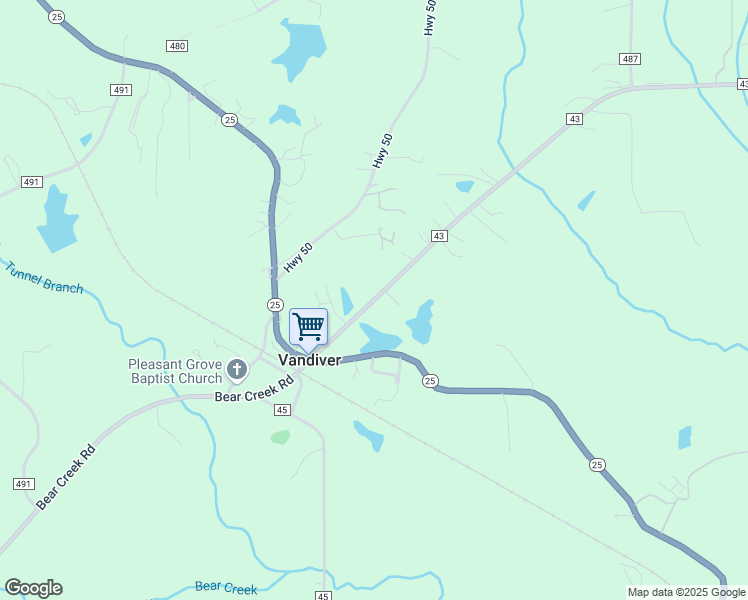 map of restaurants, bars, coffee shops, grocery stores, and more near 12154 County Road 43 in Vandiver