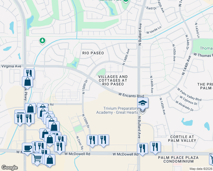 map of restaurants, bars, coffee shops, grocery stores, and more near 14870 West Encanto Boulevard in Goodyear
