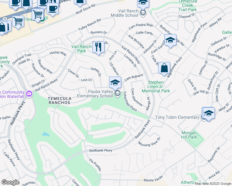 map of restaurants, bars, coffee shops, grocery stores, and more near 33125 Regina Drive in Temecula