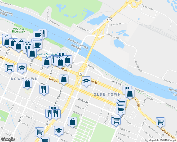 map of restaurants, bars, coffee shops, grocery stores, and more near 102 4th Street in Augusta
