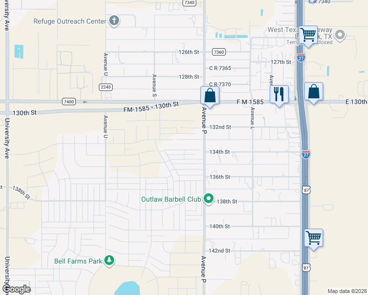map of restaurants, bars, coffee shops, grocery stores, and more near 13403 C R 2300 in Lubbock