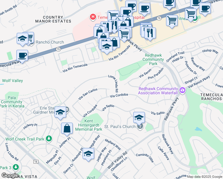 map of restaurants, bars, coffee shops, grocery stores, and more near 31782 Via San Carlos in Temecula