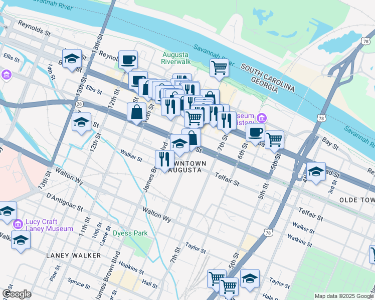 map of restaurants, bars, coffee shops, grocery stores, and more near in Augusta