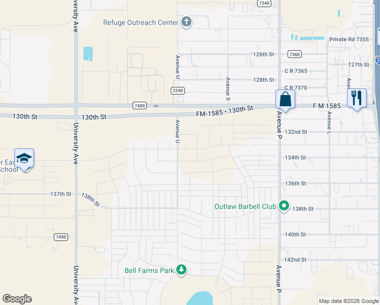 map of restaurants, bars, coffee shops, grocery stores, and more near 136th Street in Lubbock
