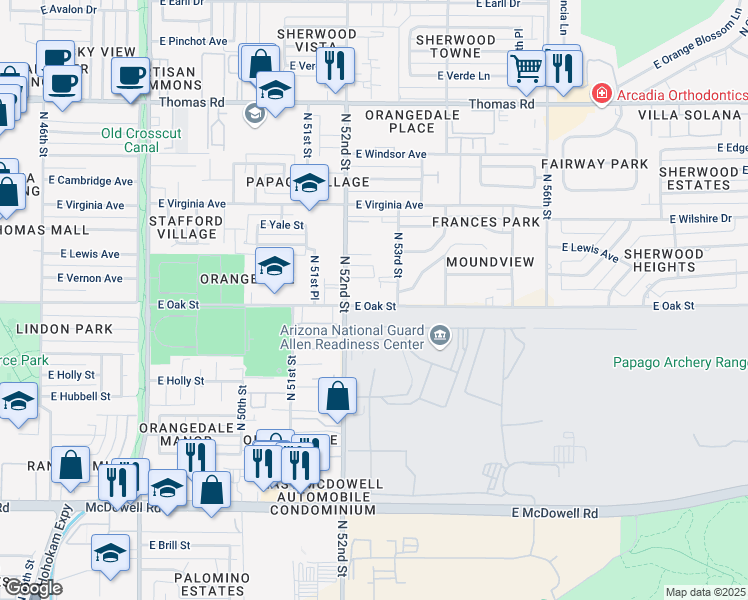map of restaurants, bars, coffee shops, grocery stores, and more near 5230 East Oak Street in Phoenix
