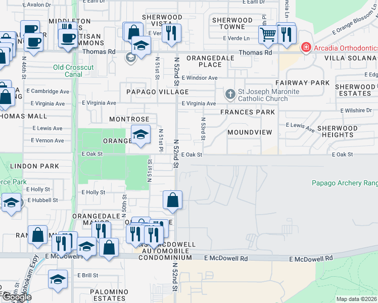 map of restaurants, bars, coffee shops, grocery stores, and more near 5230 East Oak Street in Phoenix