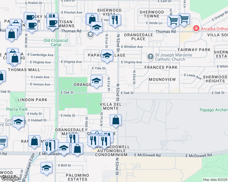 map of restaurants, bars, coffee shops, grocery stores, and more near 5117 East Oak Street in Phoenix