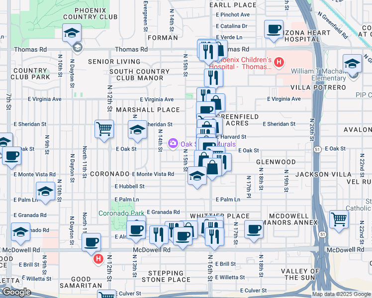 map of restaurants, bars, coffee shops, grocery stores, and more near 2232 North 15th Street in Phoenix