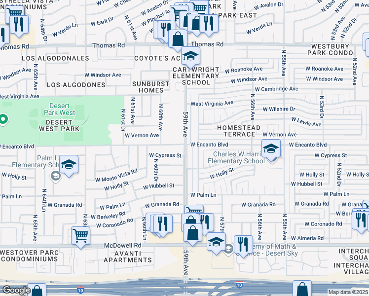 map of restaurants, bars, coffee shops, grocery stores, and more near 5901 West Cypress Street in Phoenix