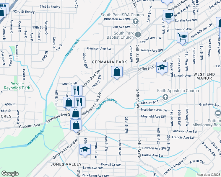 map of restaurants, bars, coffee shops, grocery stores, and more near 2815 Jefferson Avenue Southwest in Birmingham
