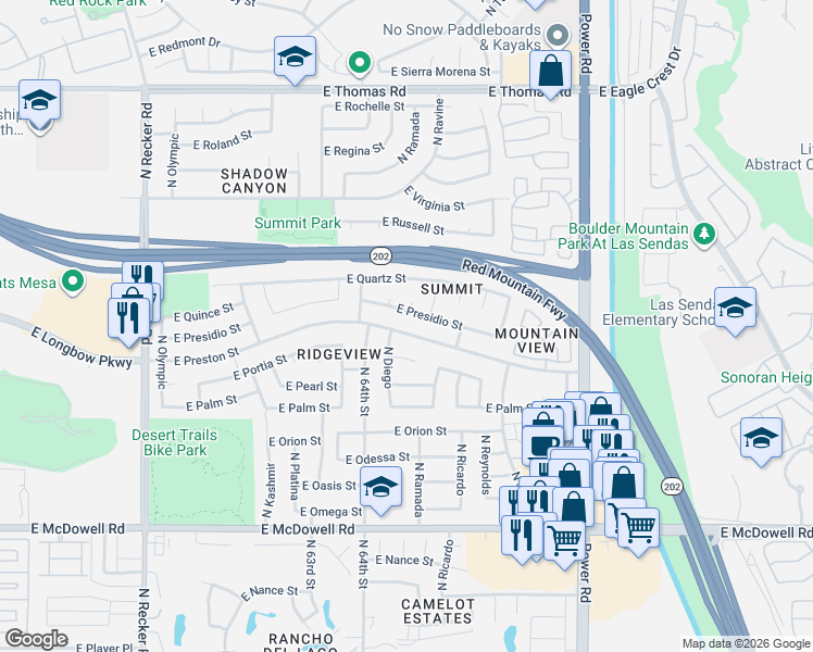 map of restaurants, bars, coffee shops, grocery stores, and more near 6451 East Preston Street in Mesa