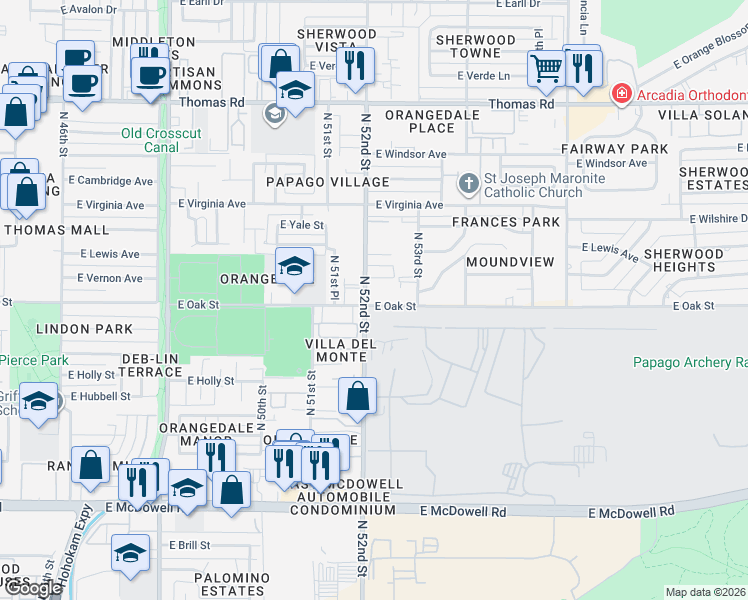 map of restaurants, bars, coffee shops, grocery stores, and more near 5230 East Oak Street in Phoenix