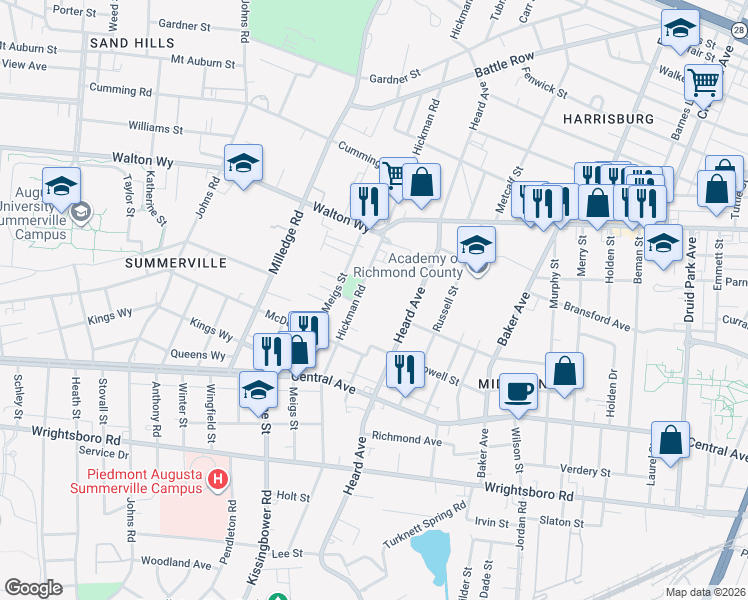 map of restaurants, bars, coffee shops, grocery stores, and more near 1010 Hickman Road in Augusta