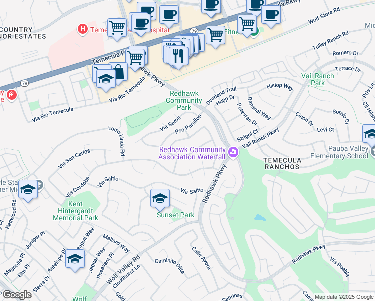 map of restaurants, bars, coffee shops, grocery stores, and more near 32170 Vía Benabarre in Temecula