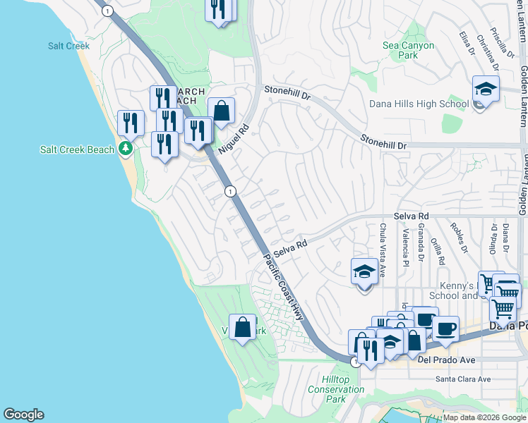 map of restaurants, bars, coffee shops, grocery stores, and more near 23861 Marmara Bay in Dana Point