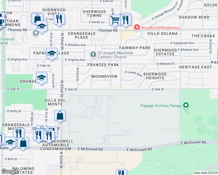 map of restaurants, bars, coffee shops, grocery stores, and more near 5454 East Oak Street in Phoenix