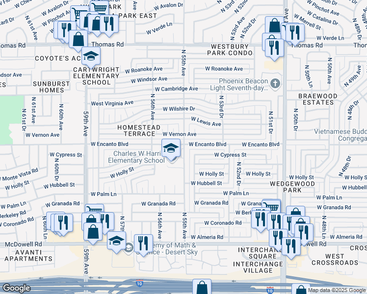 map of restaurants, bars, coffee shops, grocery stores, and more near 2252 North 55th Avenue in Phoenix