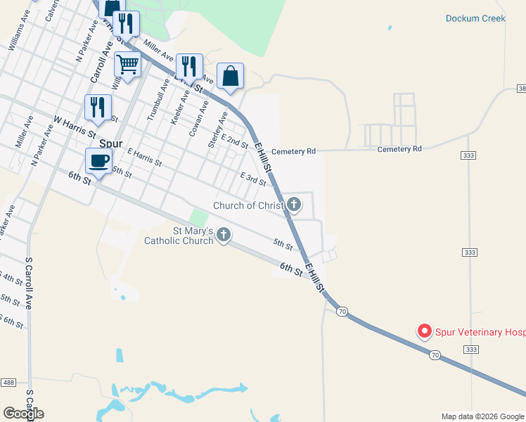 map of restaurants, bars, coffee shops, grocery stores, and more near 5th Street in Spur