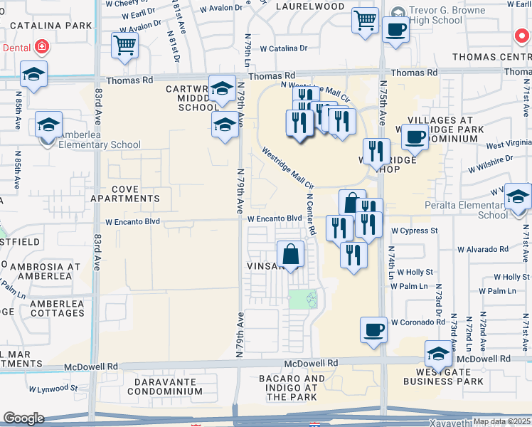 map of restaurants, bars, coffee shops, grocery stores, and more near 7800 West Encanto Boulevard in Phoenix