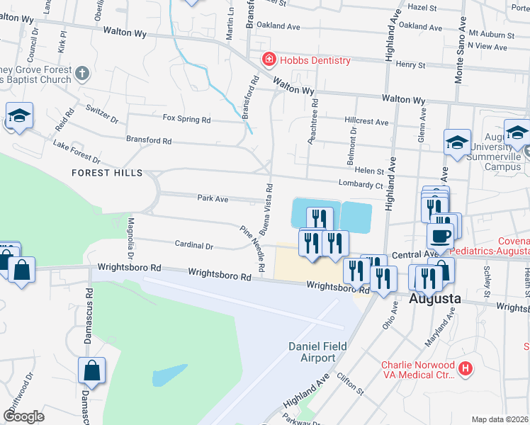 map of restaurants, bars, coffee shops, grocery stores, and more near 1314 Buena Vista Road in Augusta