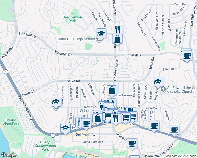 map of restaurants, bars, coffee shops, grocery stores, and more near 33751 Street of the Violet Lantern in Dana Point