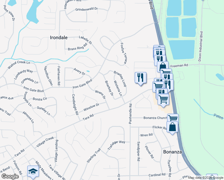 map of restaurants, bars, coffee shops, grocery stores, and more near 10358 Briarbay Drive in Jonesboro